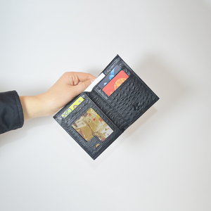 Mens Womens Ultra Slim Profile Soft Black Ostrich Leather Bifold Wallet