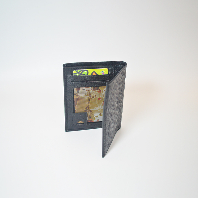 Mens Womens Ultra Slim Profile Soft Black Ostrich Leather Bifold Wallet