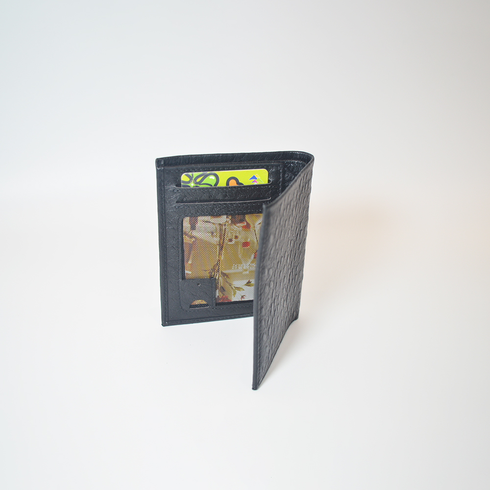 Mens Womens Ultra Slim Profile Soft Black Ostrich Leather Bifold Wallet