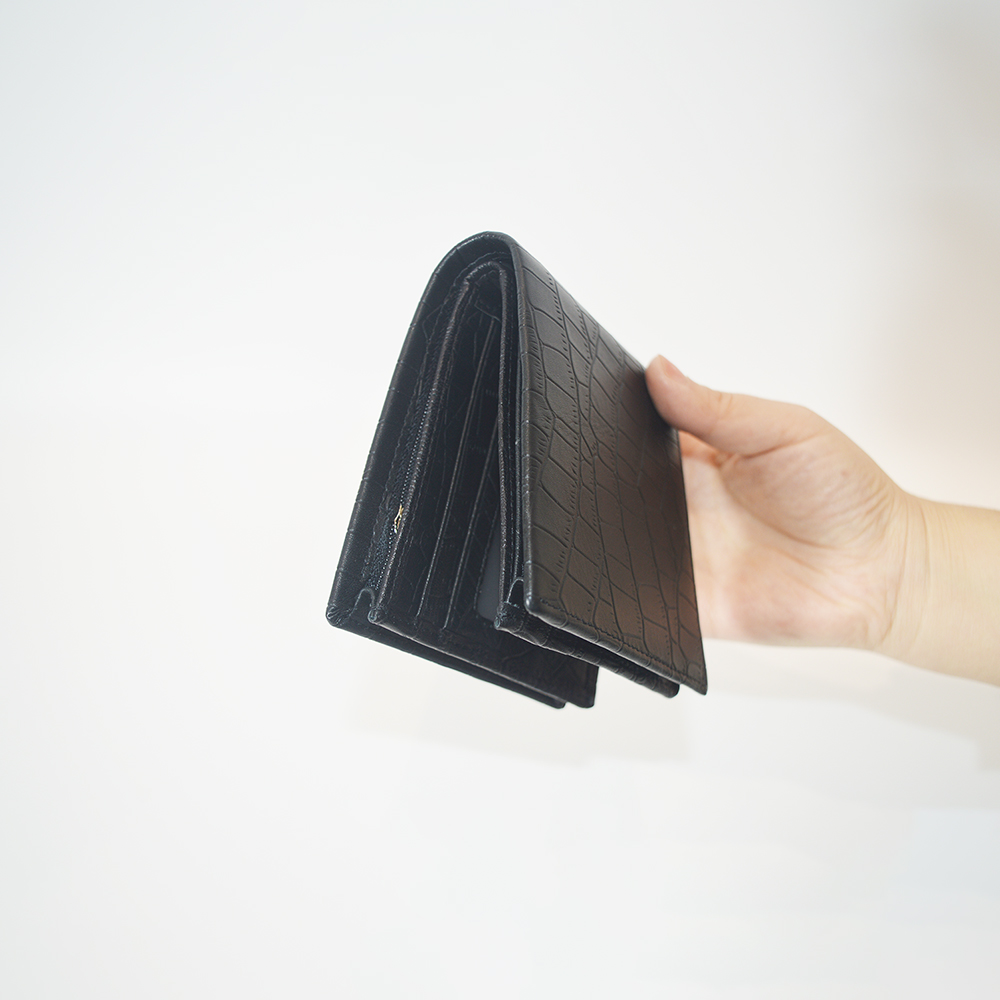 Black Thick Crocodile Clutch Wallet Credit Card Holder with Zipper Pocket Handbag