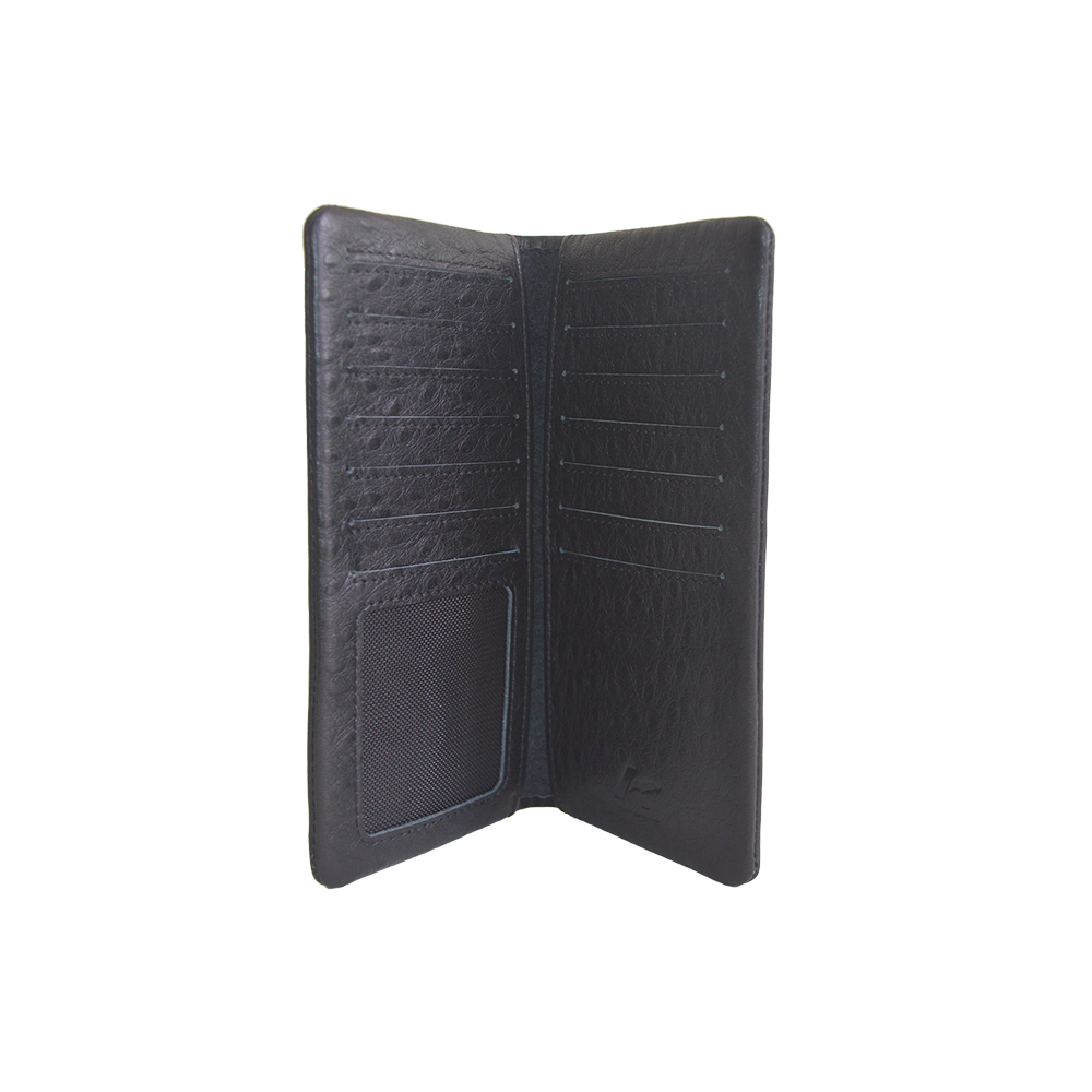 Mens Ultra Soft Slim Profile Bifold Black Ostrich Leather Wallet for Card