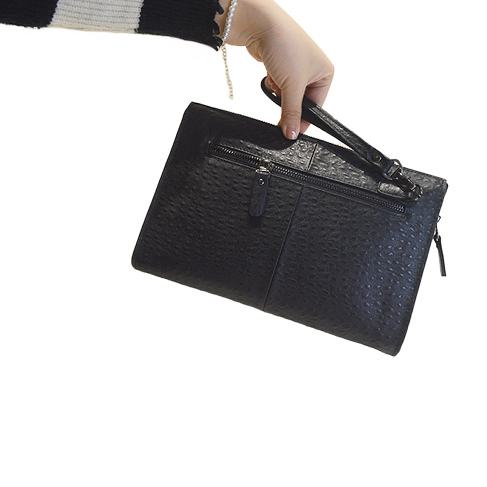 Handbag for Men Clutch Bag Black Ostrich Leather Wallet with Wristlet
