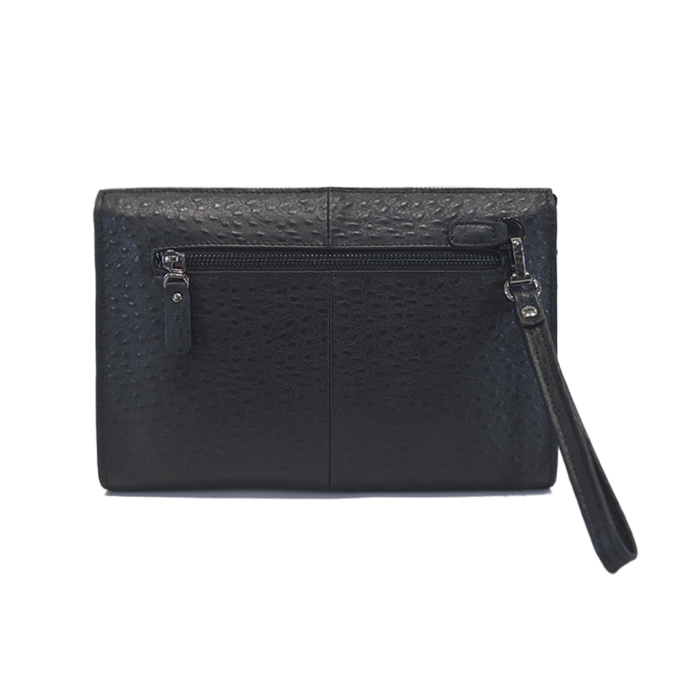 Handbag for Men Clutch Bag Black Ostrich Leather Wallet with Wristlet