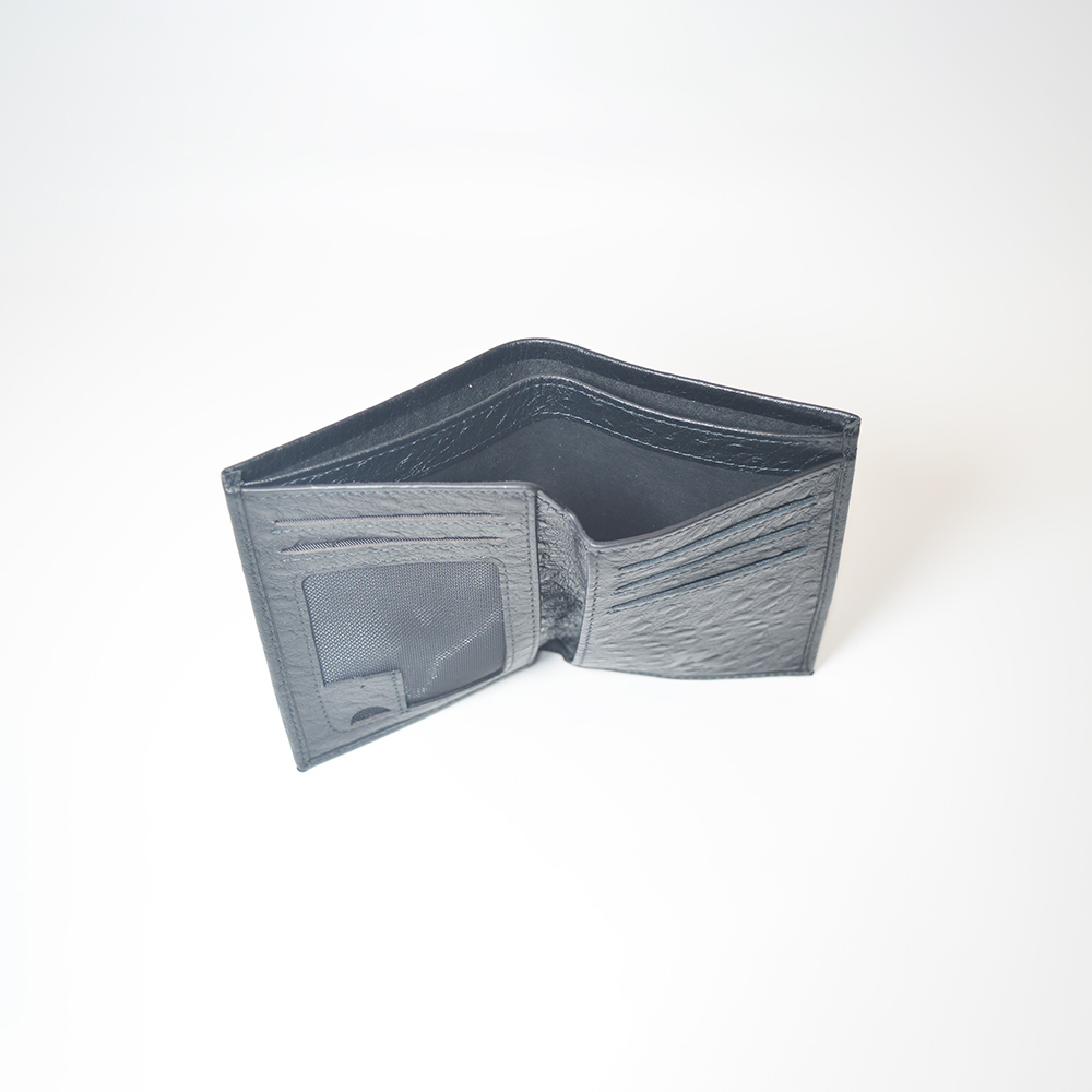Mens Womens Ultra Slim Profile Soft Black Ostrich Leather Bifold Wallet