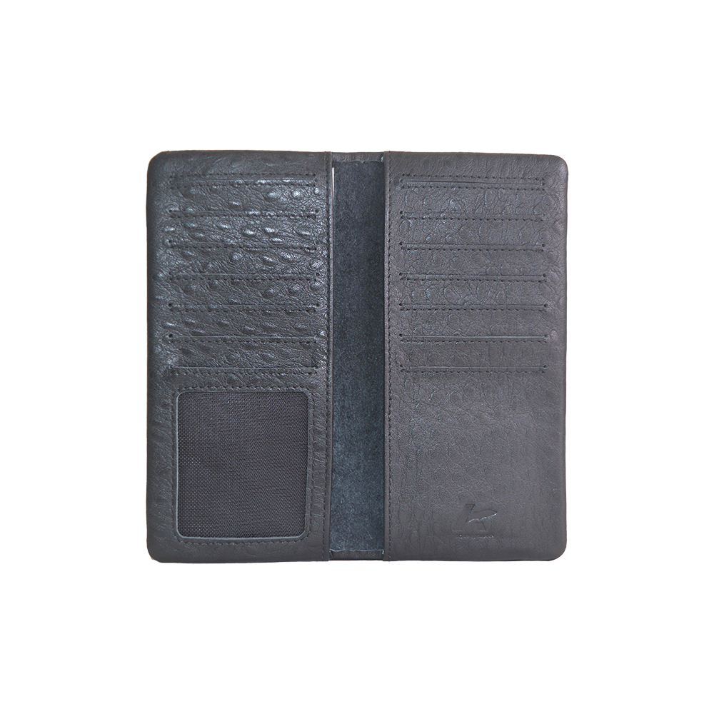 Mens Ultra Soft Slim Profile Bifold Black Ostrich Leather Wallet for Card