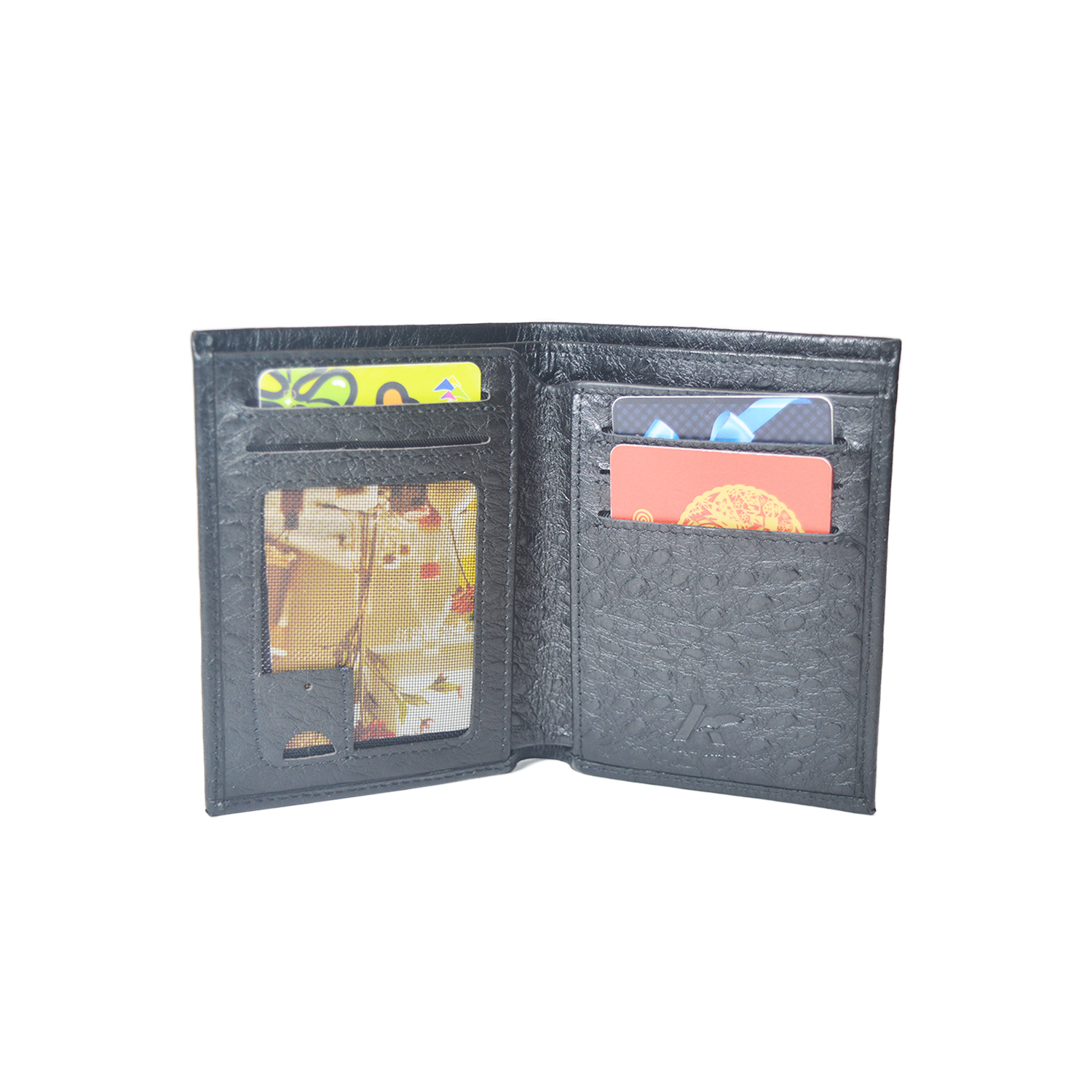 Mens Womens Ultra Slim Profile Soft Black Ostrich Leather Bifold Wallet