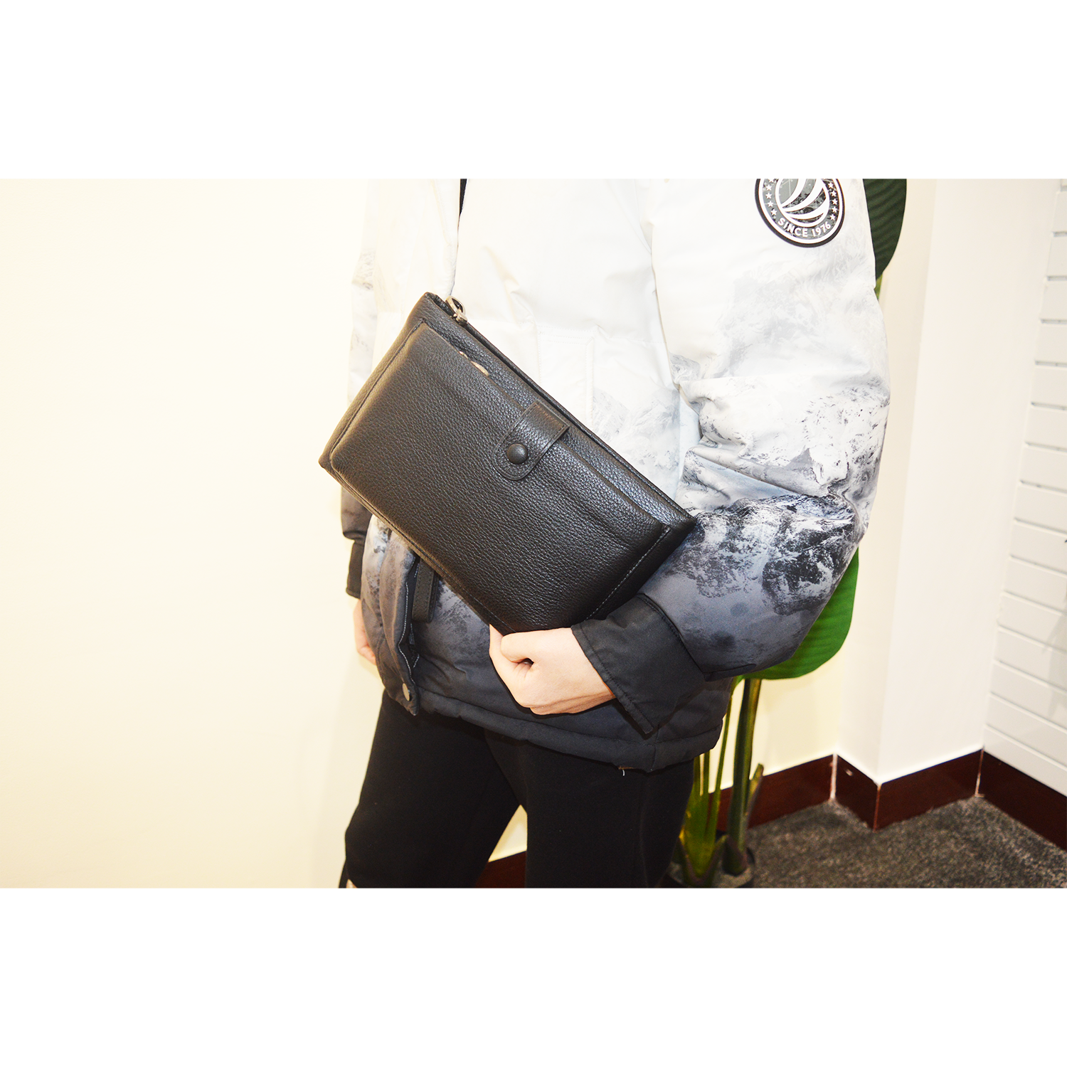 Men Clutch Bag Long Wallet Purse Card Holder Case Genuine Leather Business Classic Clutch with Double Zip Handbag