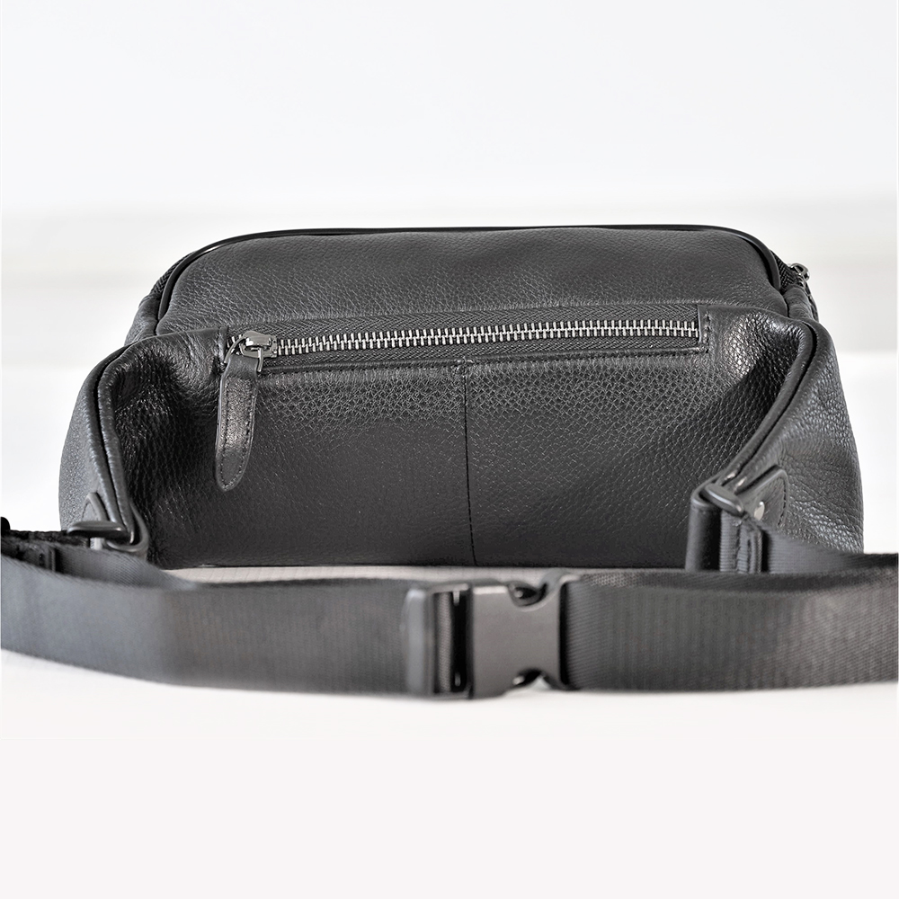 Soft Genuine Leather Sling Bag Crossbody Fanny Pack with Extended Waist Belt Black
