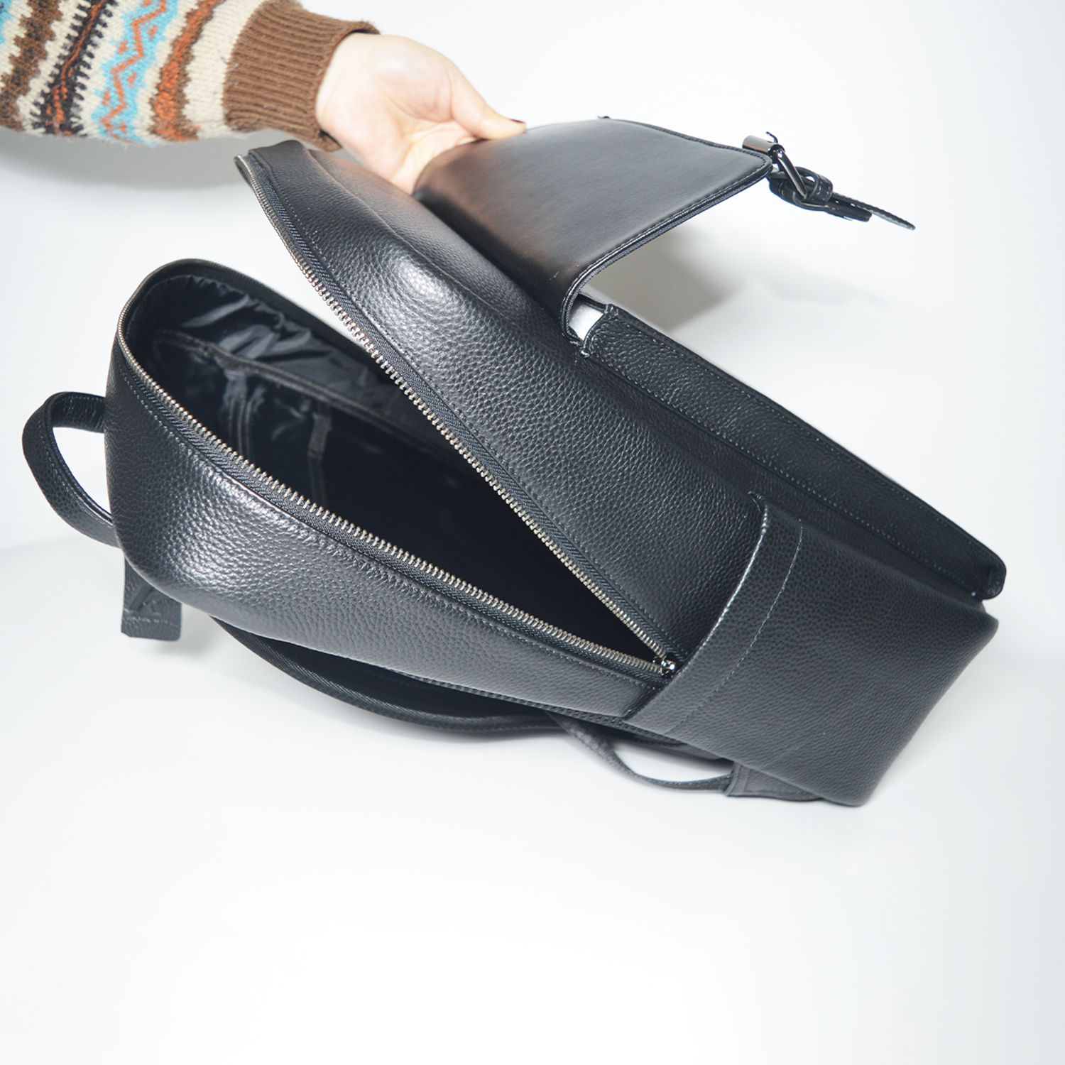 Black Leather Backpack with Big Compartments