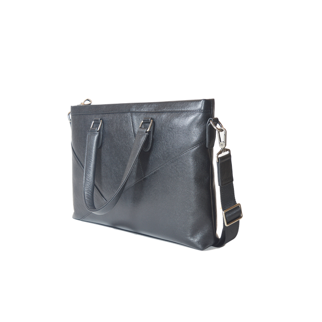 Geometric Pattern Design Cowhide Genuine Leather Briefcase Shoulder Laptop Business Slim Bags for Men & Women Black