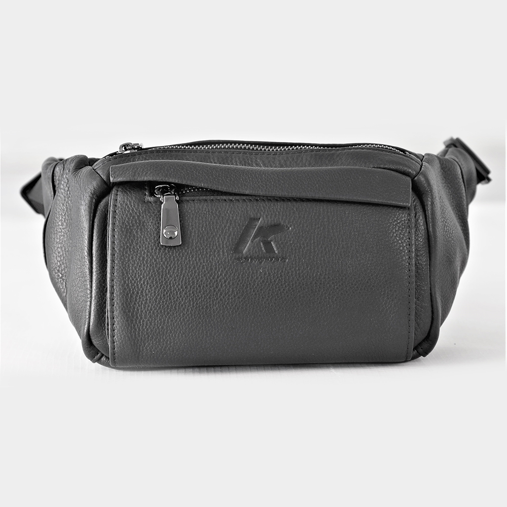 Black Fanny Pack for Men Genuine Leather Waist Bag Multiple Pockets Metal Zippers Belt Bag