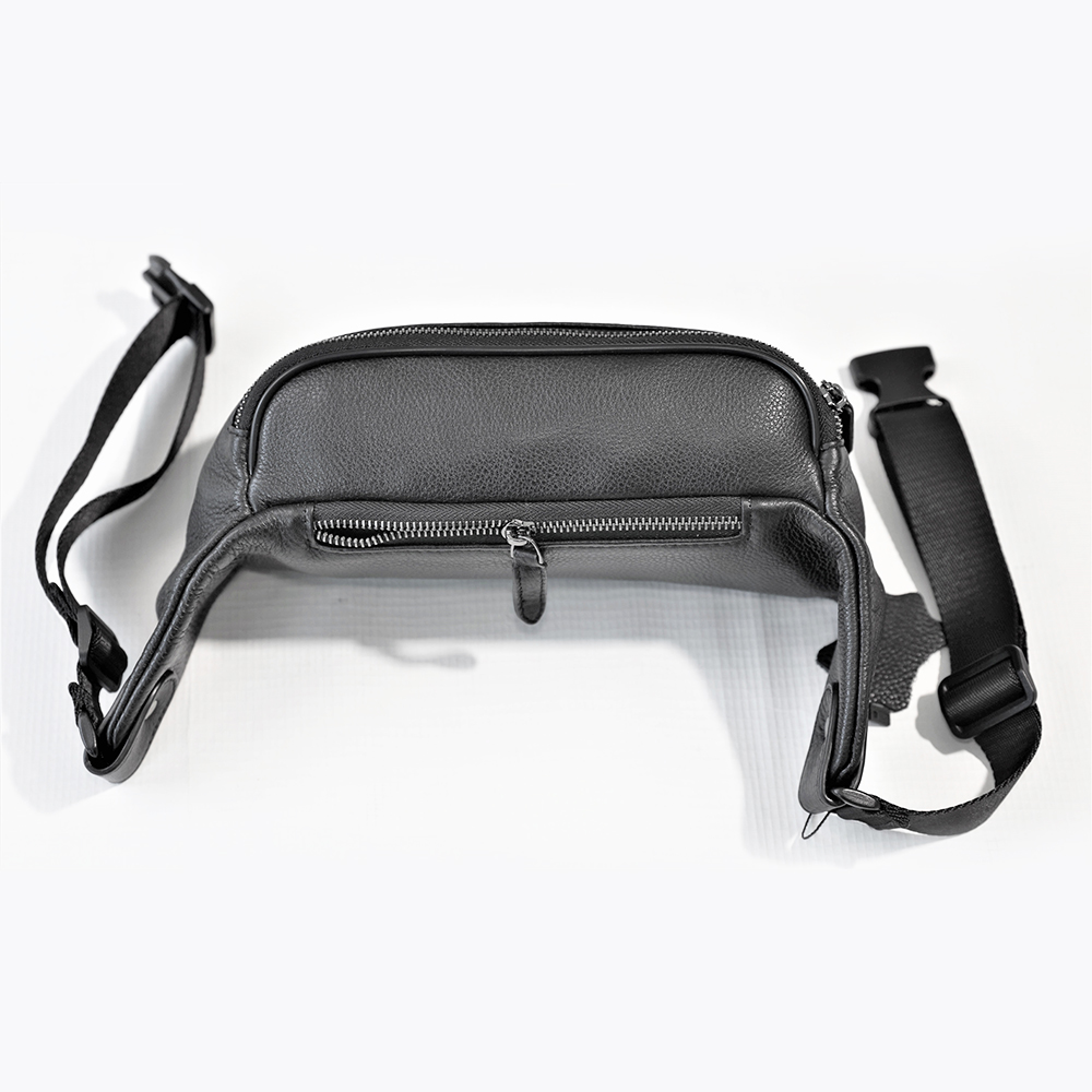 Soft Genuine Leather Sling Bag Crossbody Fanny Pack with Extended Waist Belt Black