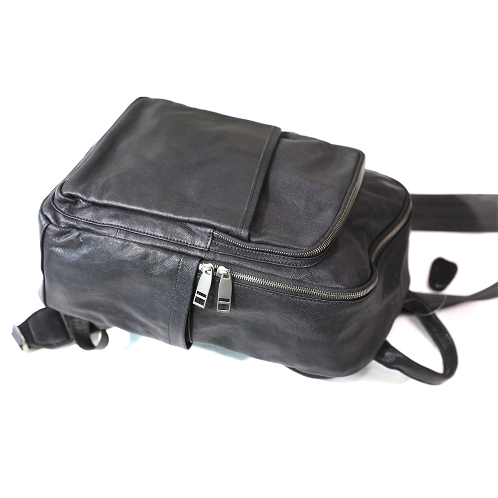 Double Zipper Black Backpack Sheepskin with Front Pocket