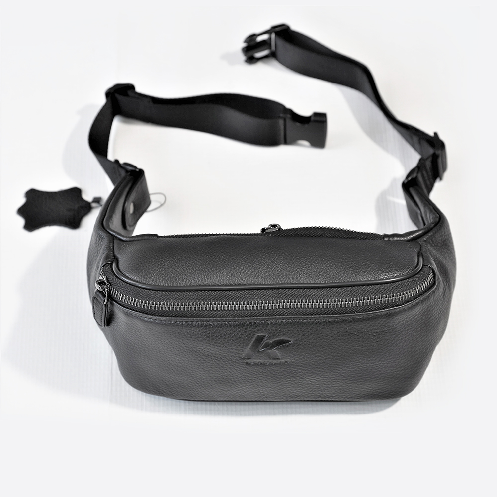 Soft Genuine Leather Sling Bag Crossbody Fanny Pack with Extended Waist Belt Black
