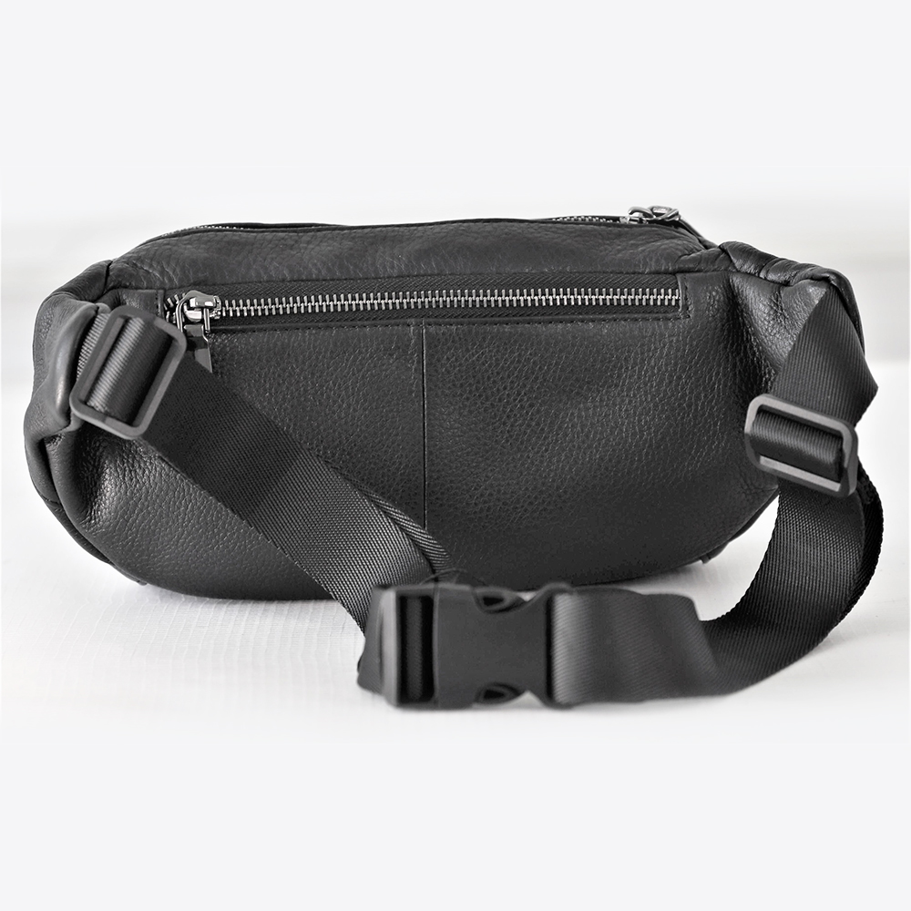 Black Fanny Pack for Men Genuine Leather Waist Bag Multiple Pockets Metal Zippers Belt Bag