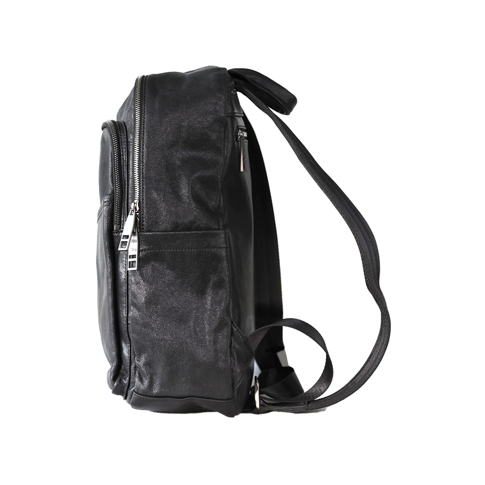Double Zipper Black Backpack Sheepskin with Front Pocket