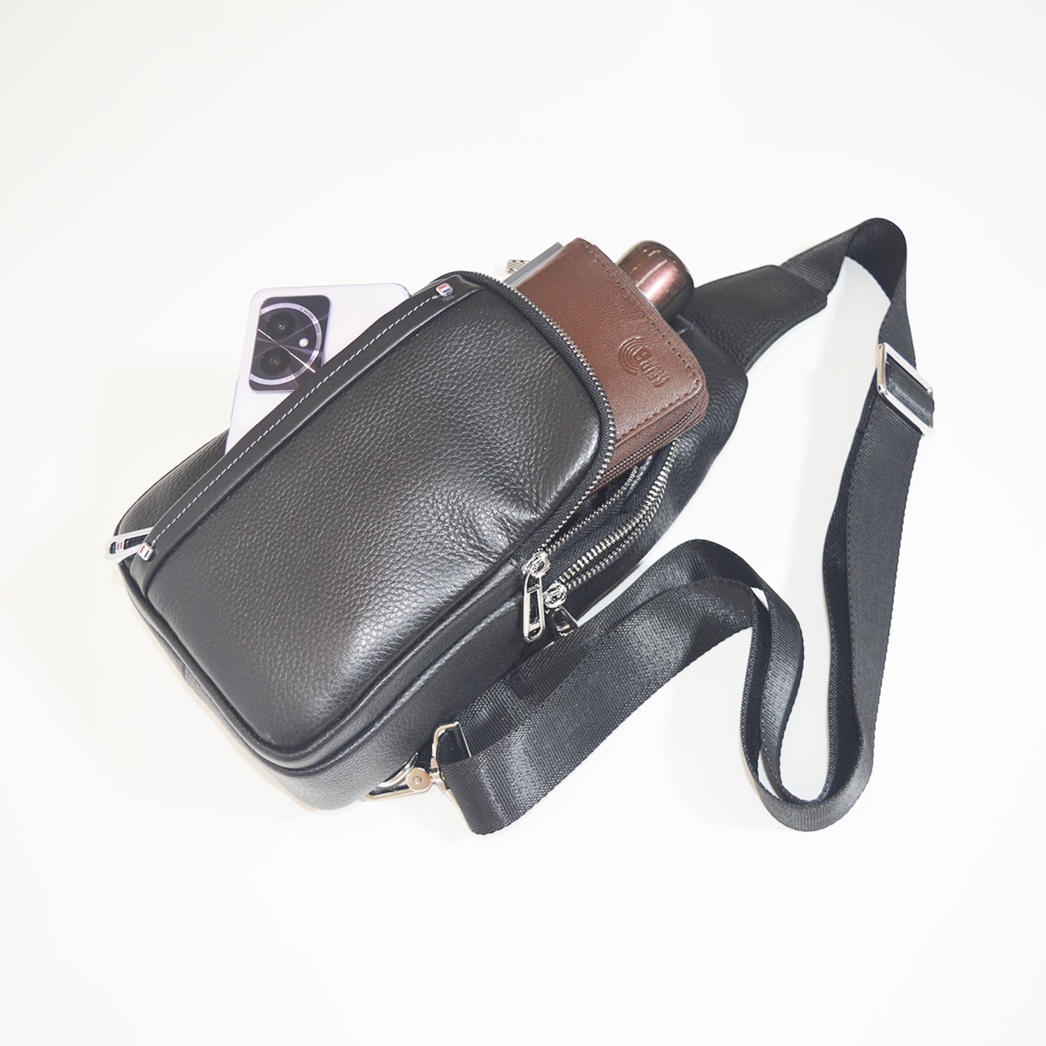 Mens Sling Bag Small Genuine Leather Chest Shoulder Bags Travel Crossbody Casual Daypack Black