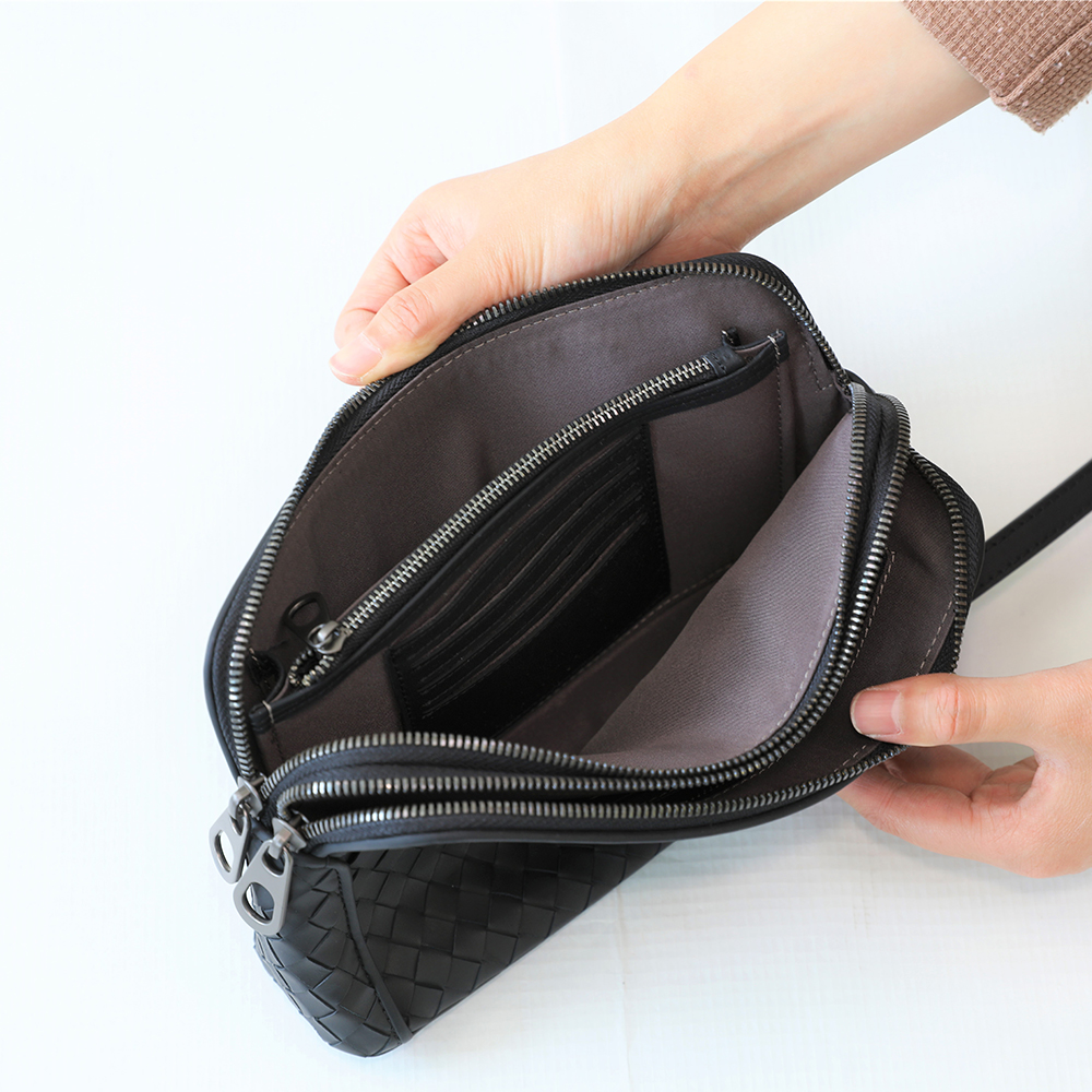 Soft Genuine Leather Weave Handbag Purse Wrist Bag with Double Zipper