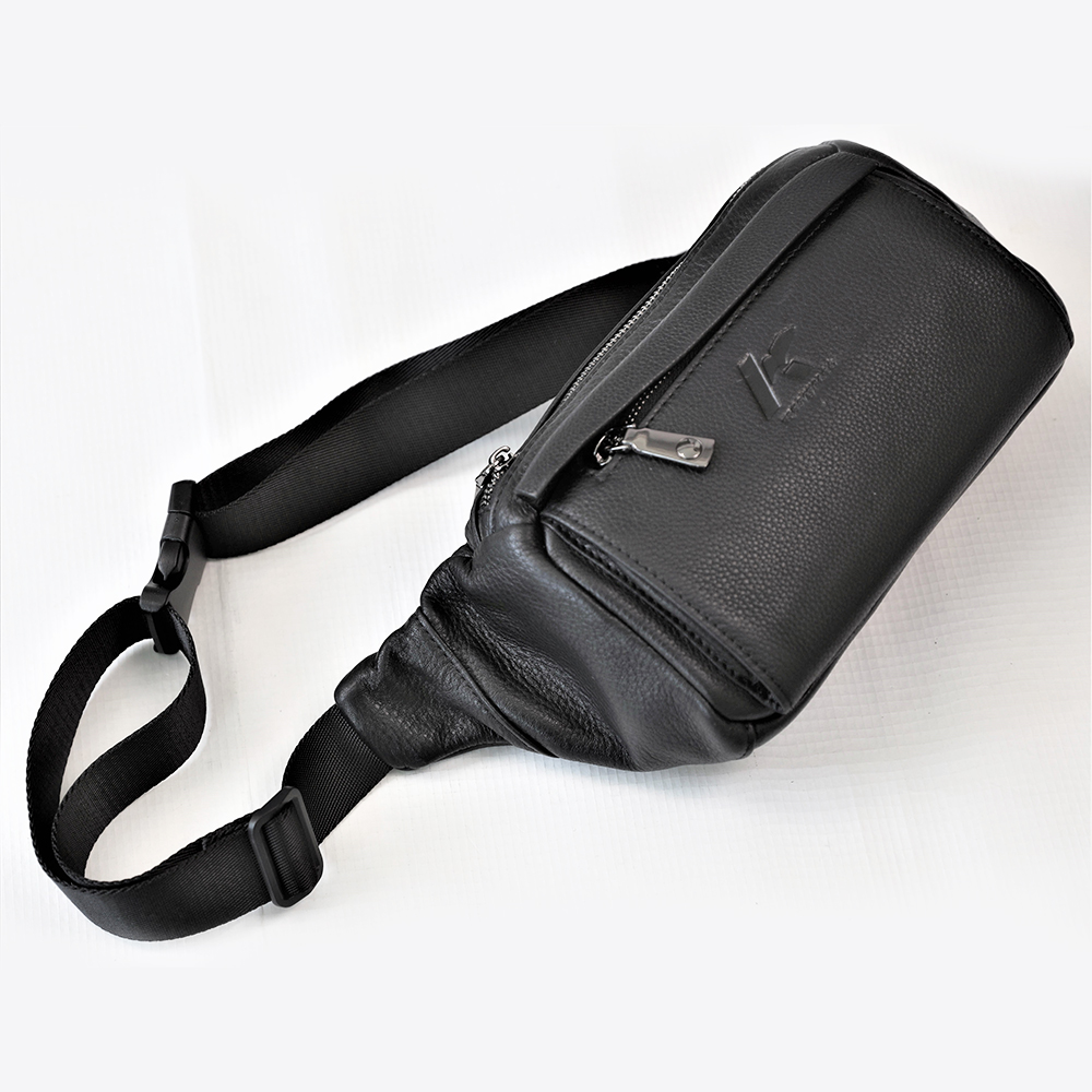 Black Fanny Pack for Men Genuine Leather Waist Bag Multiple Pockets Metal Zippers Belt Bag
