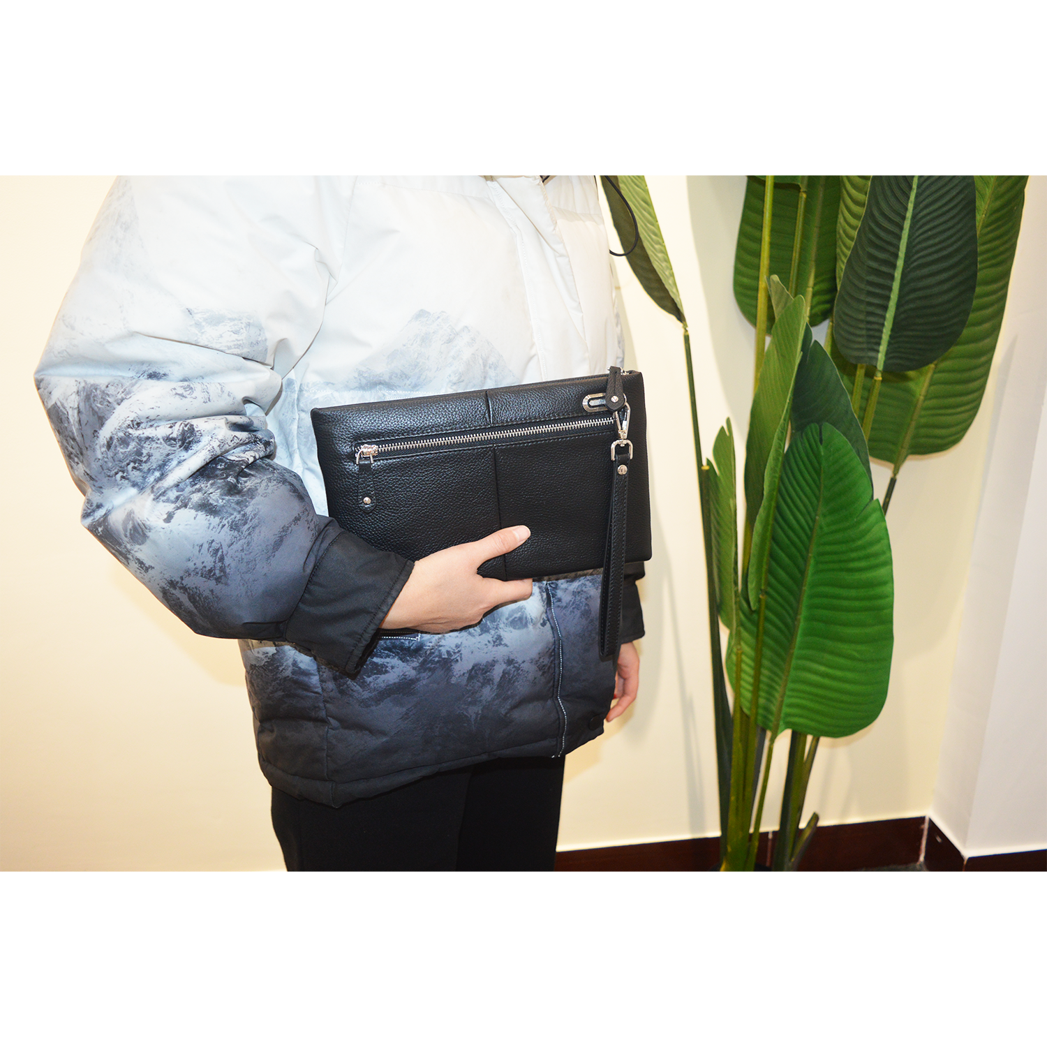 Genuine Cowhide Leather Men Clutch Purse Bag Business Wallet Clutch Phone Holder Handbag