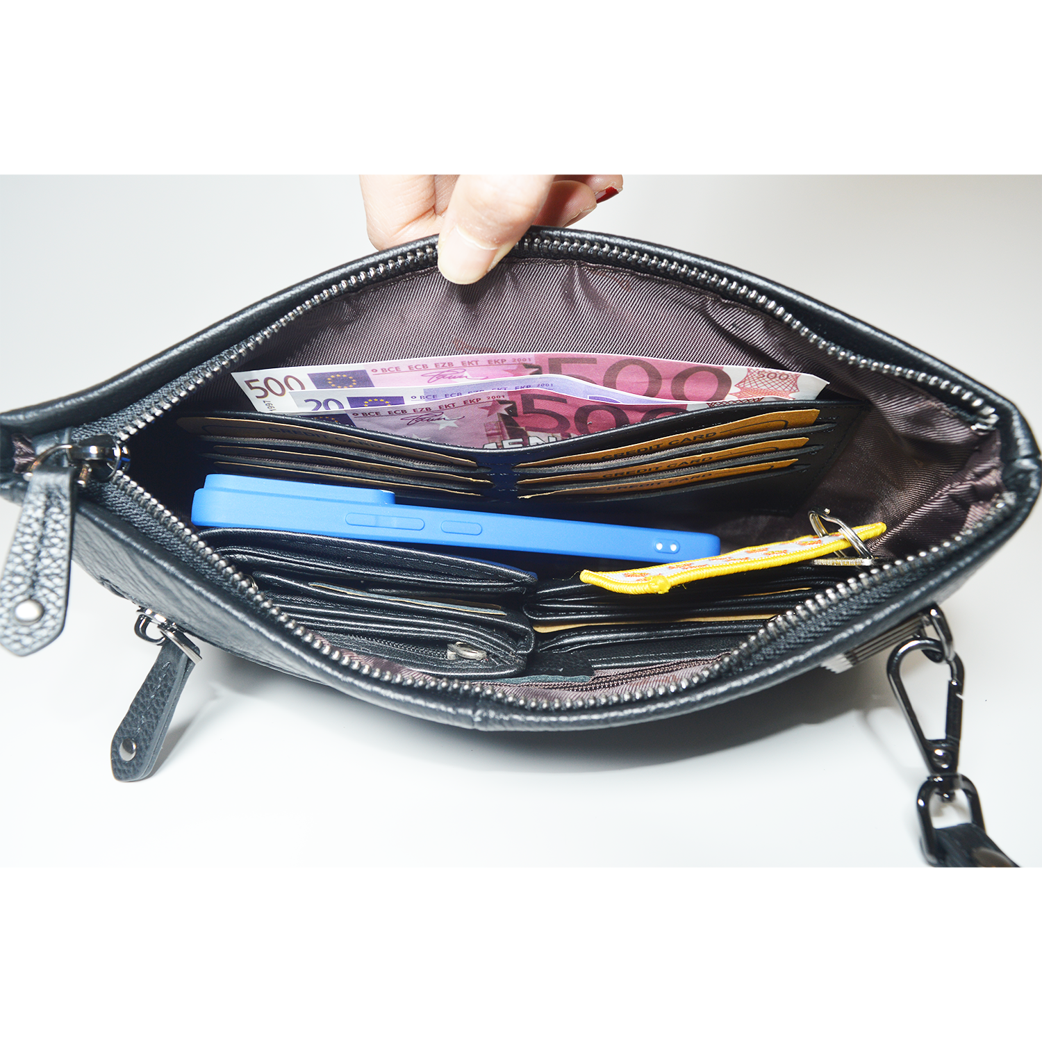 Men's Genuine Leather Envelope Clutch Handbag with Phone Pocket and 6 Card Slots