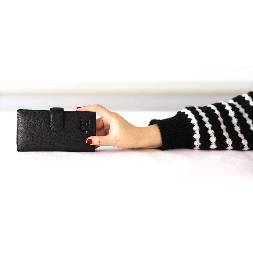 Genuine Leather Long Trifold Wallet with Buckle