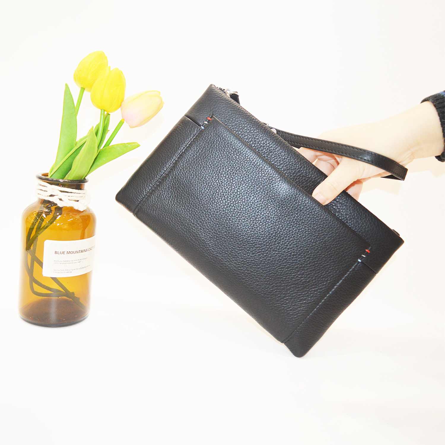 Long Wallets with Zipper Real Leather Men's Coin Purse Business Card Holders Wrist Wallet