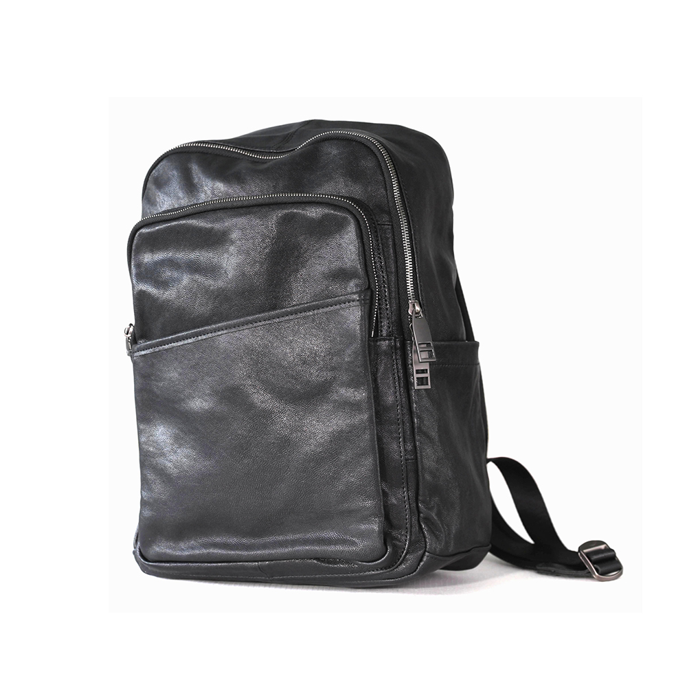 Double Zipper Black Backpack Sheepskin with Front Pocket