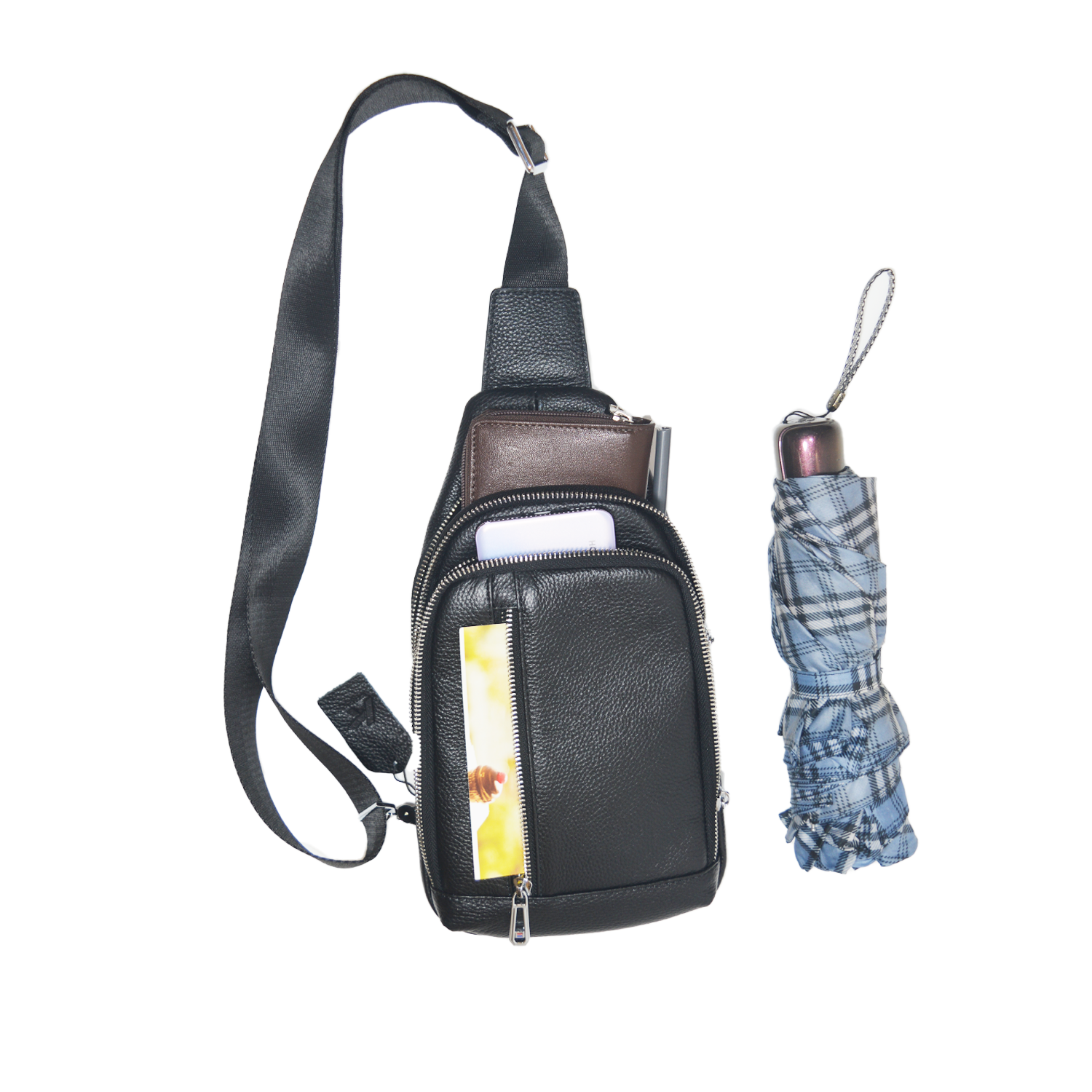 Genuine Leather Sling Bag for Men and Women Crossbody Small Chest Travel Daypack Black
