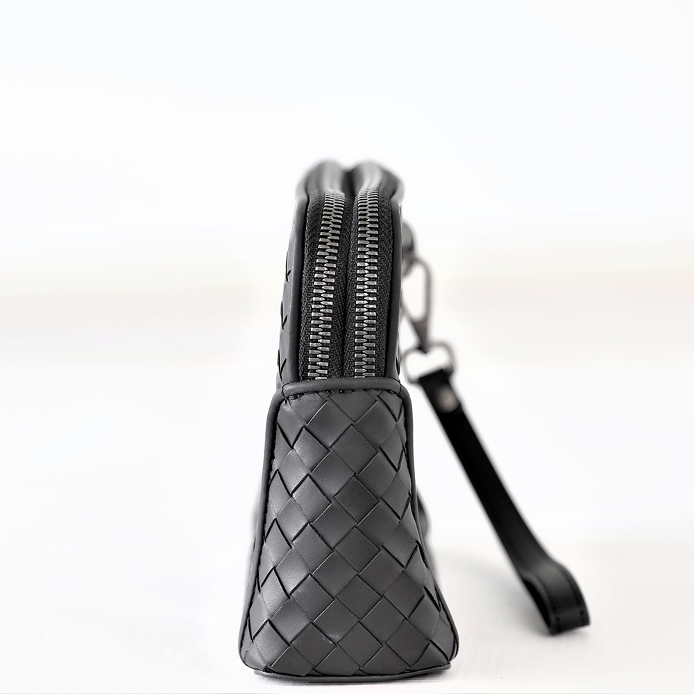 Soft Genuine Leather Weave Handbag Purse Wrist Bag with Double Zipper