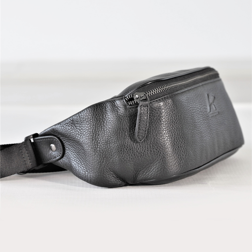 Soft Genuine Leather Sling Bag Crossbody Fanny Pack with Extended Waist Belt Black