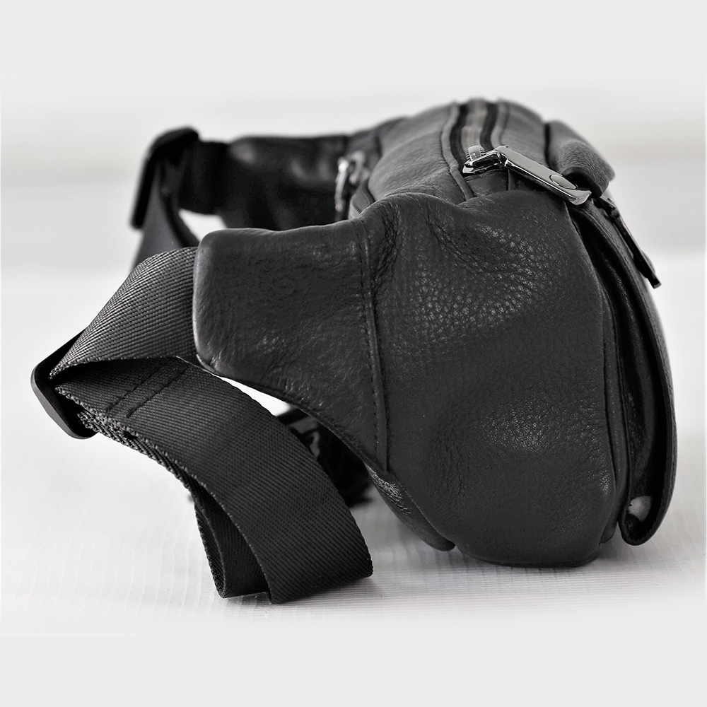 Black Fanny Pack for Men Genuine Leather Waist Bag Multiple Pockets Metal Zippers Belt Bag