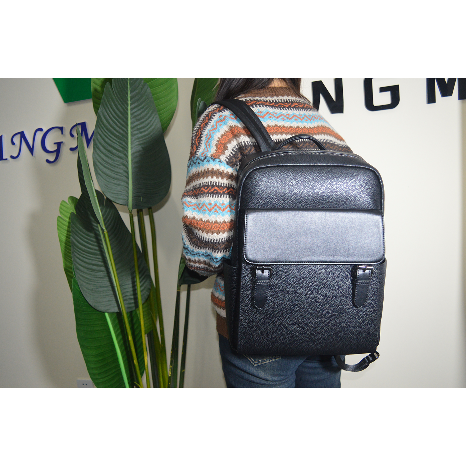 Black Leather Backpack with Big Compartments