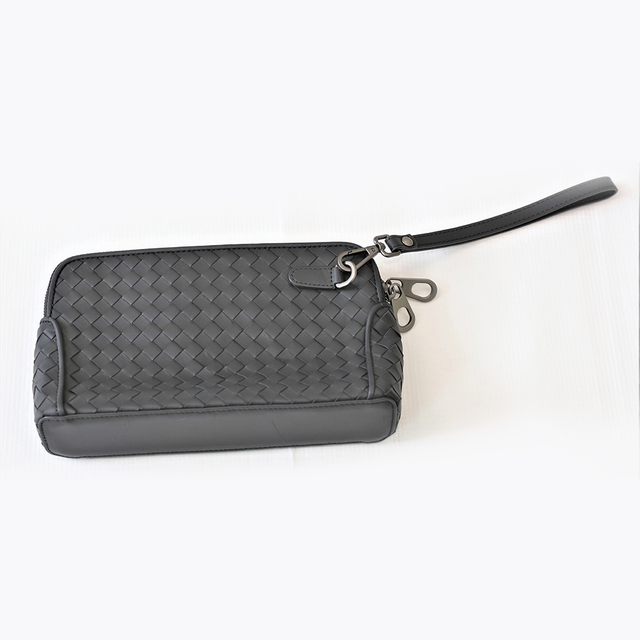Soft Genuine Leather Weave Handbag Purse Wrist Bag with Double Zipper