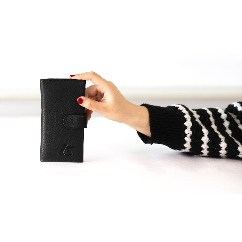 Genuine Leather Long Trifold Wallet with Buckle